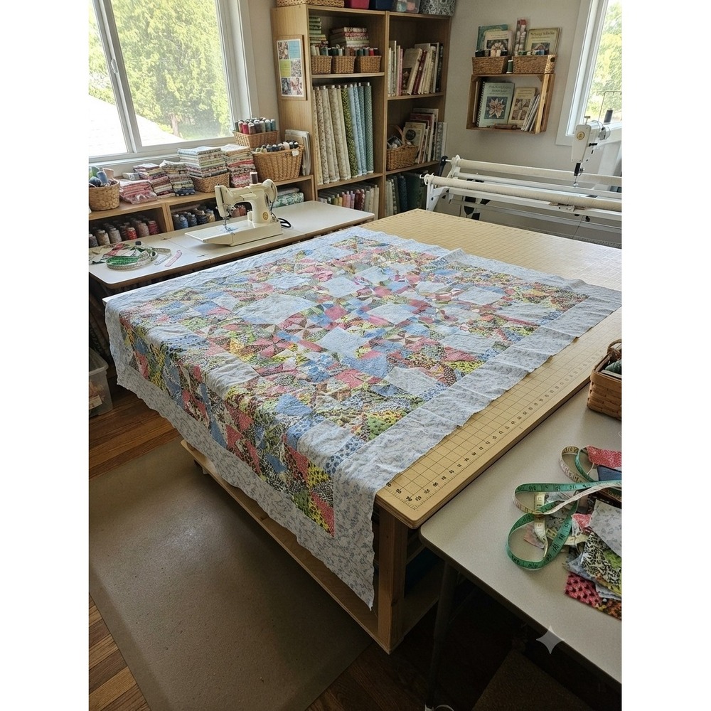 Vintage Handmade Patchwork Quilt Top Pinwheel Scrap Pattern 108x92 Unfinished